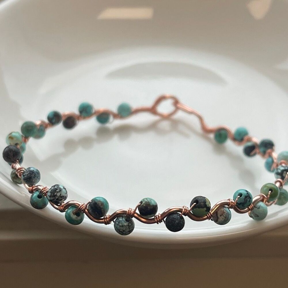 African turquoise 8” copper wire beaded beads handcrafted handmade dainty